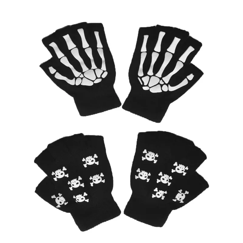 1/2/3/4 paar New Kids Halloween Skeletschedel Half Vinger Lichtgevende Punk Handschoenen Winter schedel Vingerloze Zwarte Wanten