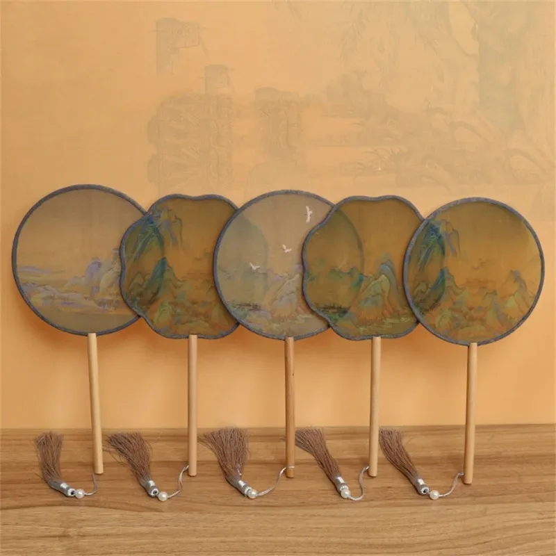 Chinese Landscape Painting Silk Fan Vintage Hand Fans Semi-Transparent Traditional Round Fan Home Decoration Ornaments Dance Fan