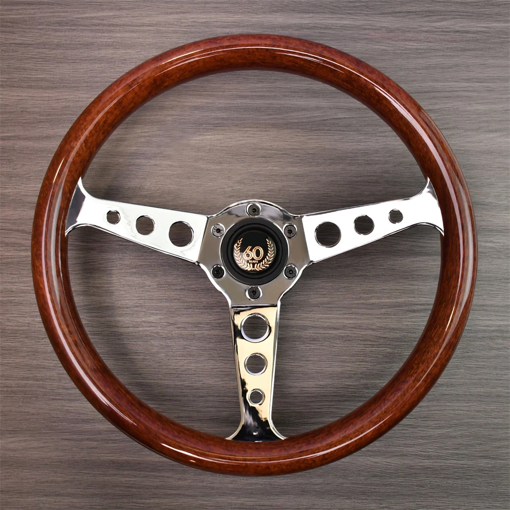Volante Esportivo Retro de 14 polegadas (345mm) com Acabamento em Madeira, Volante de Corrida Falt Drift 60º Aniversário com Suporte Antiderrapante