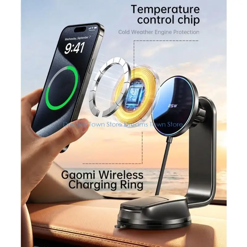 HX6A In-Car Wireless Charging Phone Holder with Pad, Suction Cup Base, Adjustable Viewing Arm, 25W Power for Navigation Use