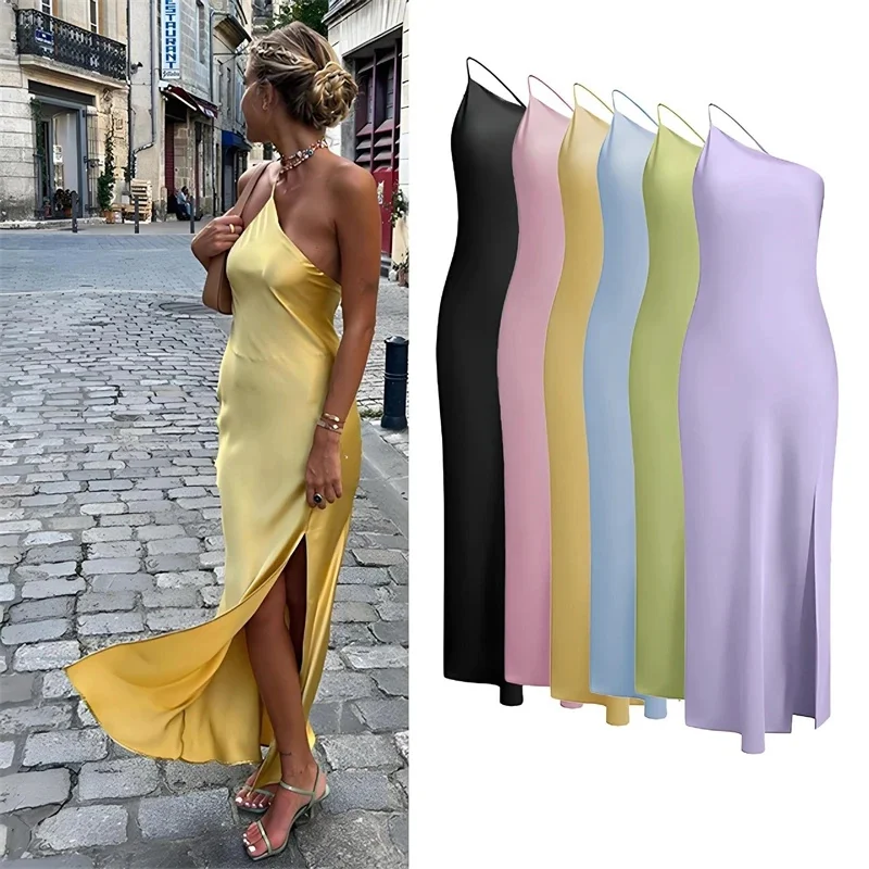 섹시한 노란색 새틴 긴 여름 파티 드레스 여성 브이 넥 백리스 캐미 스트레이트 드레스 패션 2025 봄 여름 드레스