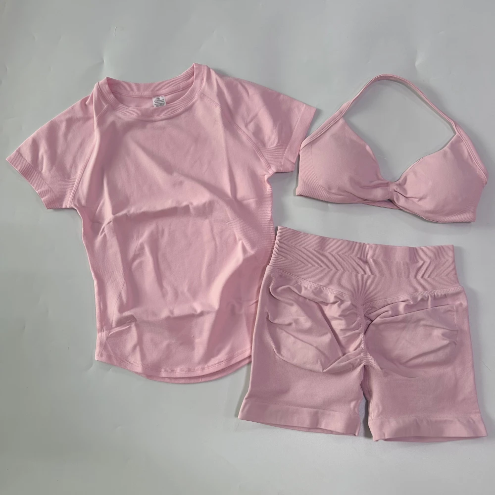 3-teiliges Workout-Set für Damen: Sport-BH mit Trägern + Sport-Top mit langen Ärmeln + Yoga-Shorts, Sportanzug, Yoga-Kleidung, Fitness-Outfit – Detail 18