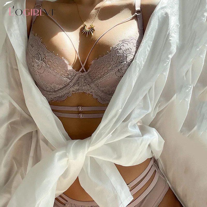 Set Bra Balutan Klasik Top Logirlve Lingerie Set Pakaian Dalam Renda Beha Push Up Celana Dalam Transparan Seksi untuk Pakaian Dalam Wanita