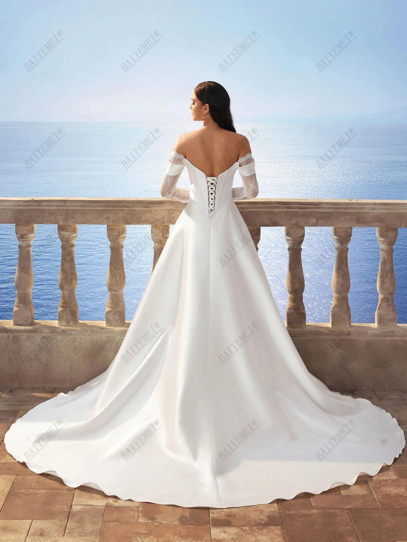 Customized Off Shoulder Wedding Dress Long Lace Sleeve Satin A‑Line Bridal Gown Side Slit Lace Inner Chapel Train Bridal Dresses