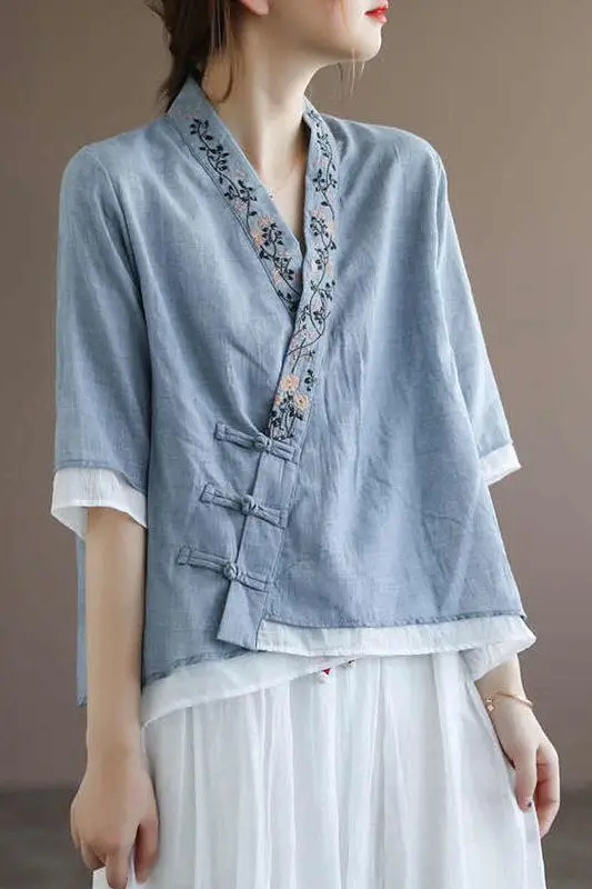 

Embroidered Literary Retro Cotton and Linen Top for Women's Tray Button Sunscreen Shirt Chinese Hanfu Cardigan Fake Two Pieces