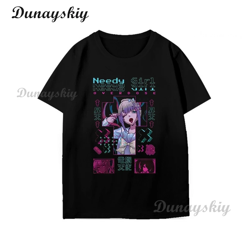 NEEDY GIRL OVERDOSE Kangel Oversize Black T-shirt Manga Graphic Tee Women Cute Top Men Short Sleeve Summer Kawaii Couple Clothes