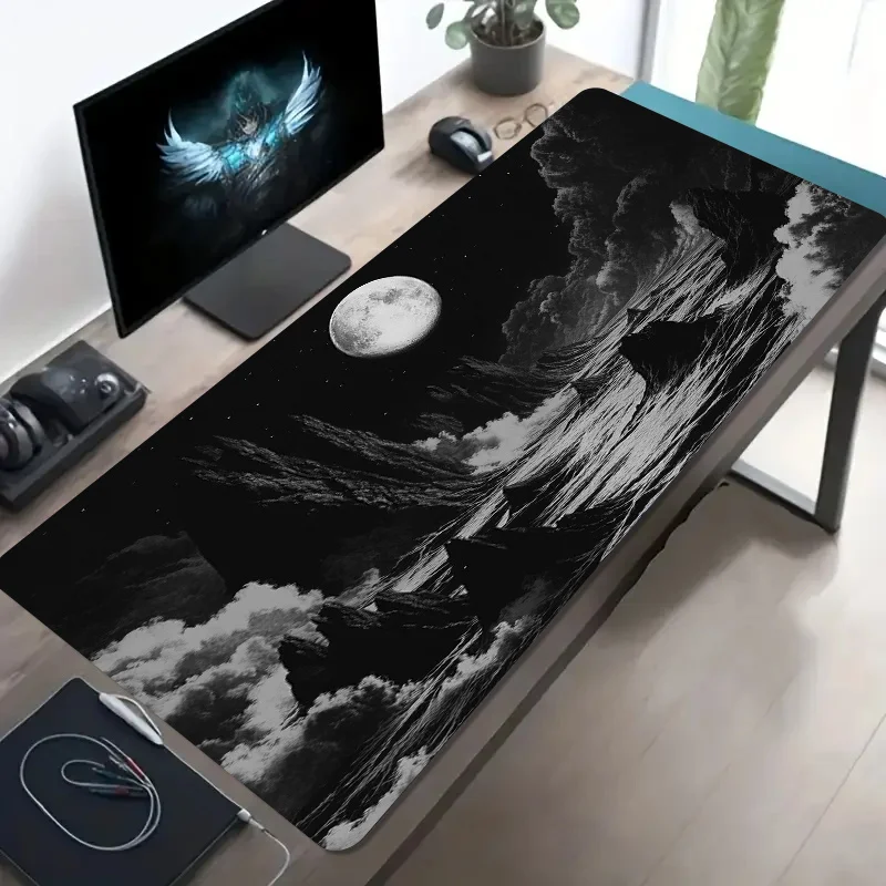 Black and White Moonlit Mountain Desk Mat Extra Large Gaming Mouse Pad Non-Slip Rubber Base Office Mat