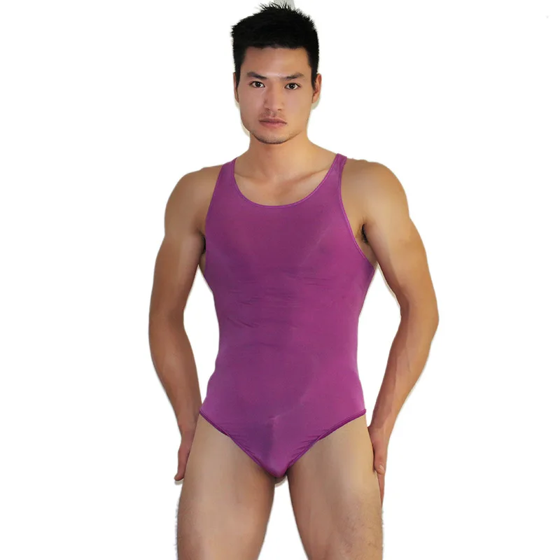 Men's Solid Nylon Sleeveless Bodysuit Smooth High Elastic Comfortable Sexy One-Piece Swimsuit