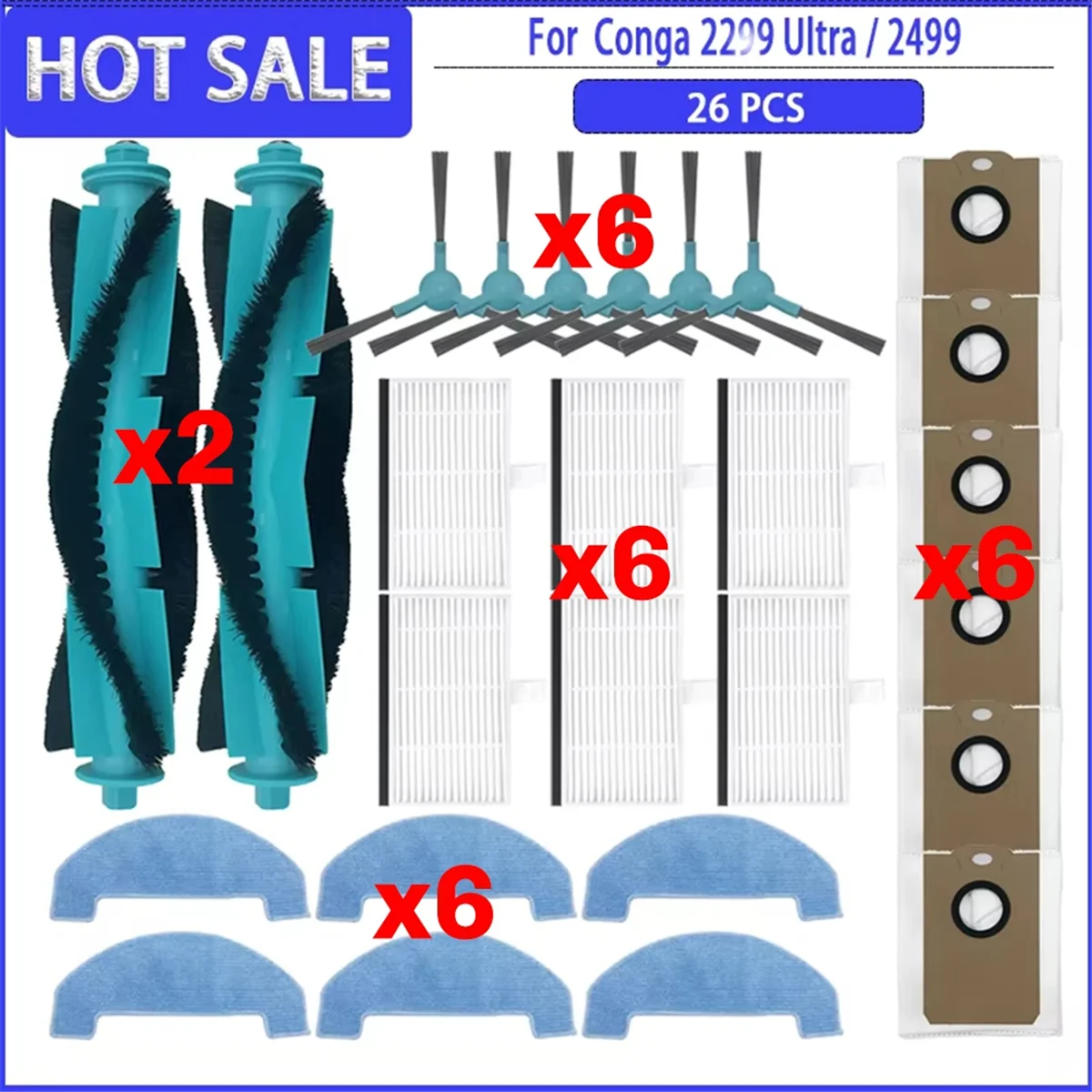 

NEW For Cecotec Conga 2299 Ultra/2499 Ultra Vacuum Cleaner Main Parts Side Brush HEPA Filter Mops Cloth Dust Bag Accessorie