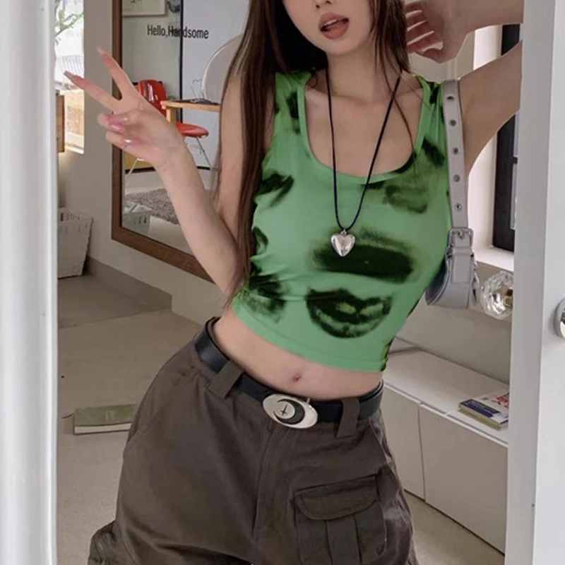 

Summer New Women's Tank Top Sleeveless Square Collar Clubwear Fashion Print Sexy Sleeveless Green Casual Slim Female Cropped Top