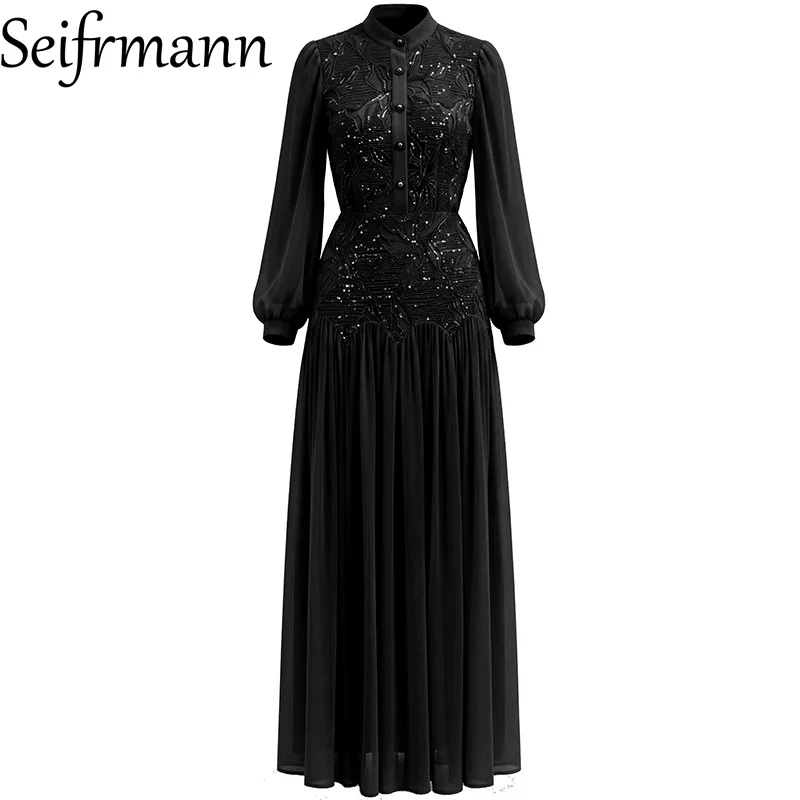 Seifrmann Solid color two-piece stand collar long-sleeved sequin embroidered top waist skirt set 2026 autumn women's new style