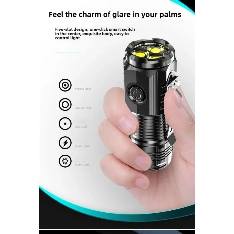 Portable Mini LED Flashlight Powerful 3*Wick Small Pocket Torch USB Rechargeable Strong Light Lantern Super Bright Cap Clip Lamp