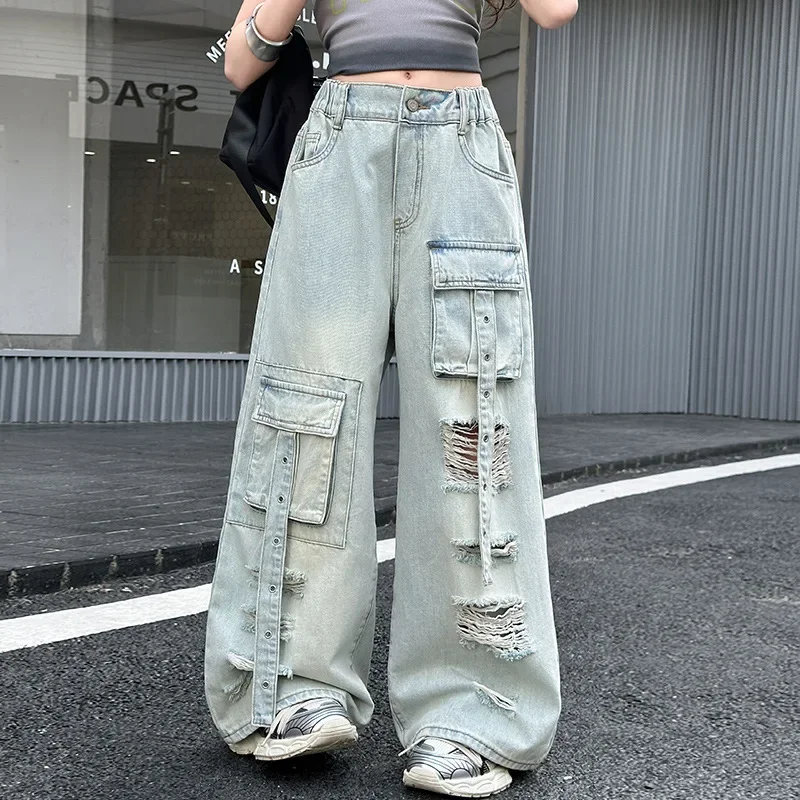 

Kids Child High Fashion Street Style Distressed Ripped Cargo Jeans With Front Pocket for Tweens Girl Broken Hole Denim Pants