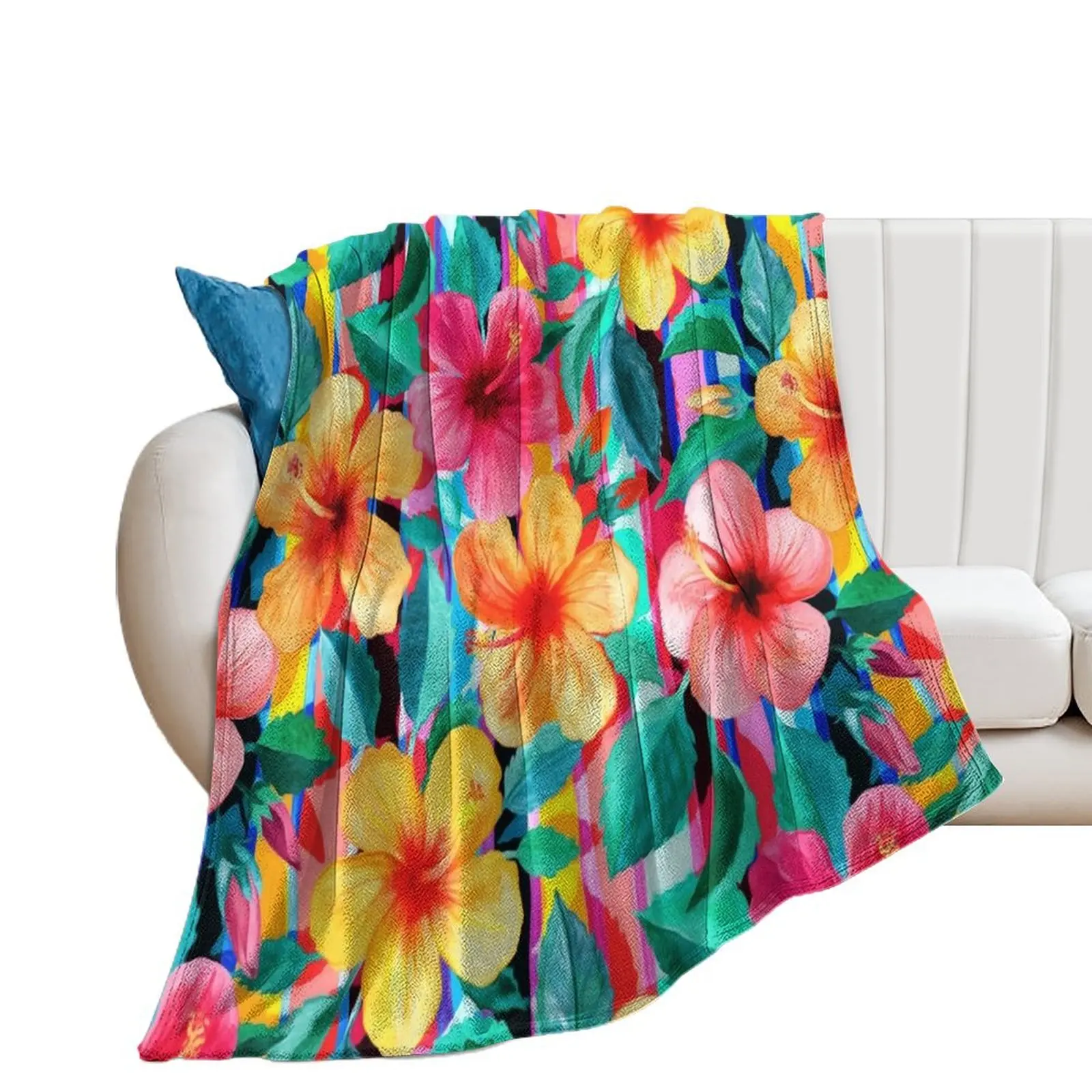 

OTT Maximalist Hawaiian Hibiscus Floral with Stripes Throw Blanket Baby Luxury Throw Hairys Blankets