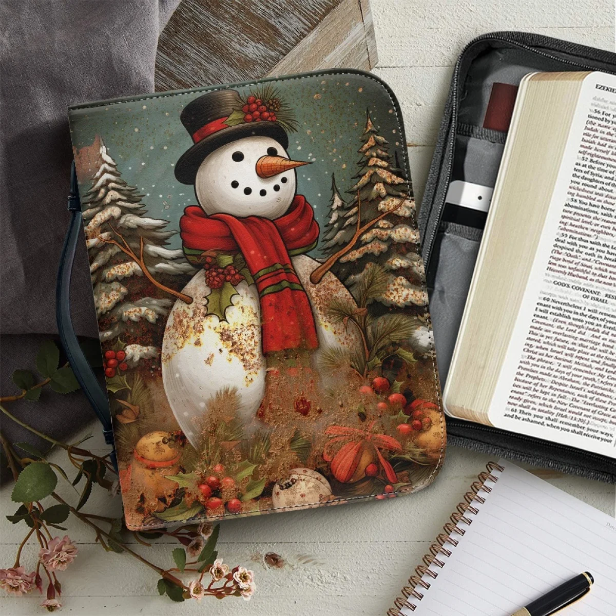 Cute Christmas Snowman Christian Bags for Women PU Leather Bible Bags Zippered Handbags Portable Bible Carrying Case Holy Boxes