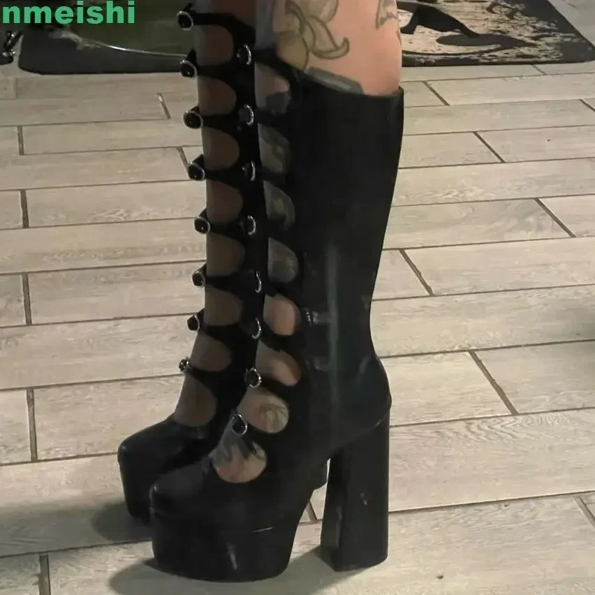 2026 New Women Pole Dance Shoes Hollow Mid-Calf Boots Platform Zipper Square Heel Buckle Strap Fashion Round Toe Sexy Boots