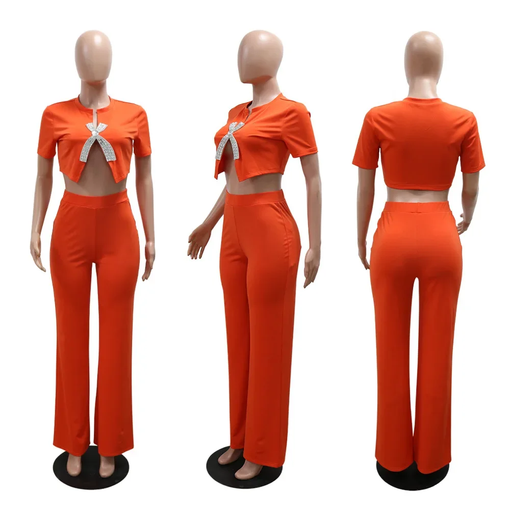 Women's Set Short Sleeve Diamonds Bowknot O-neck Tops +Wide Leg Pants Suits 2024 Two 2 Piece Set Streetwear Sexy Outfit