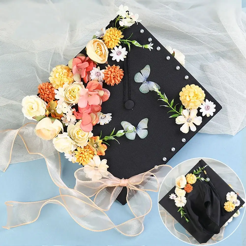 Doctor Flowers Graduation Cap Master Bachelor Academic Hat with Tassels Charm Ornament Fringe Trencher Cap Student Supplies