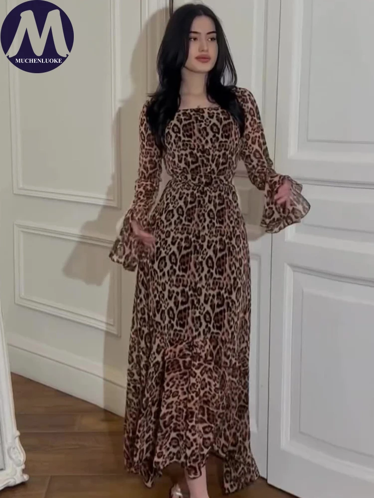 Women\'s Slim Fit Evening Dress, Elegant Party Dresses Leopard Print, O Neck Lotus Leaf Sleeve, Fashion, Spring, Summer New 2024