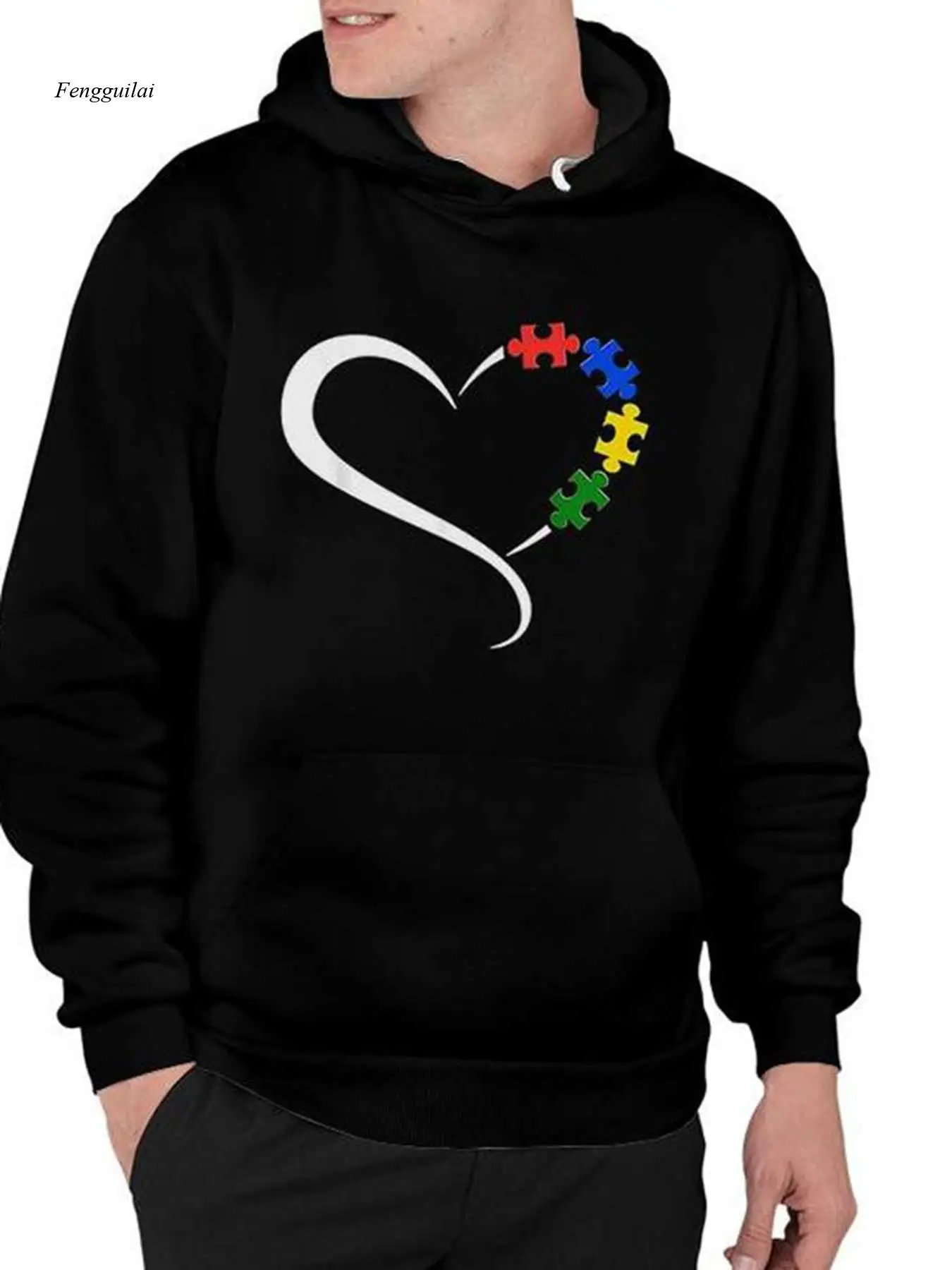 

Толстовка с капюшоном с изображением аутизма и сердца, свободный крой, пуловер с капюшоном, уличный стиль, уютная и дышащая гостиная