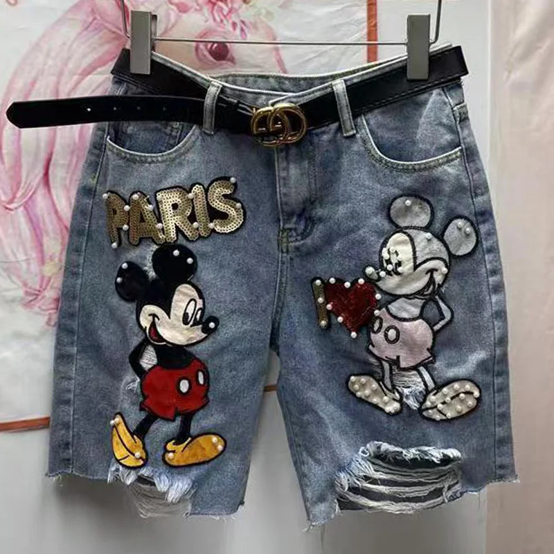 Supzoom Celana Pendek Denim Musim Panas Mickey Mouse Manik-manik Bordir Katun Fashion Atasan Musim Panas Kasual Longgar Keluaran Baru
