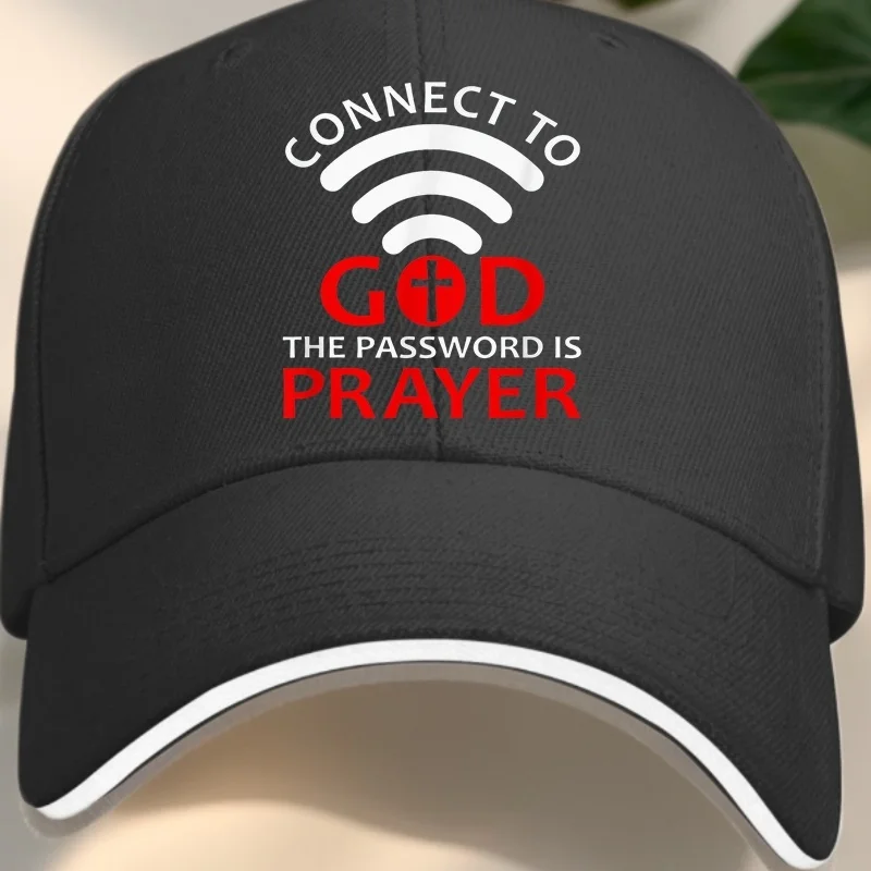 Connect to God Password Is Prayer Baseball Cap - Black with Red/White Wi-Fi Symbol & Design, Sandwich-Style Brim, Casual Religio