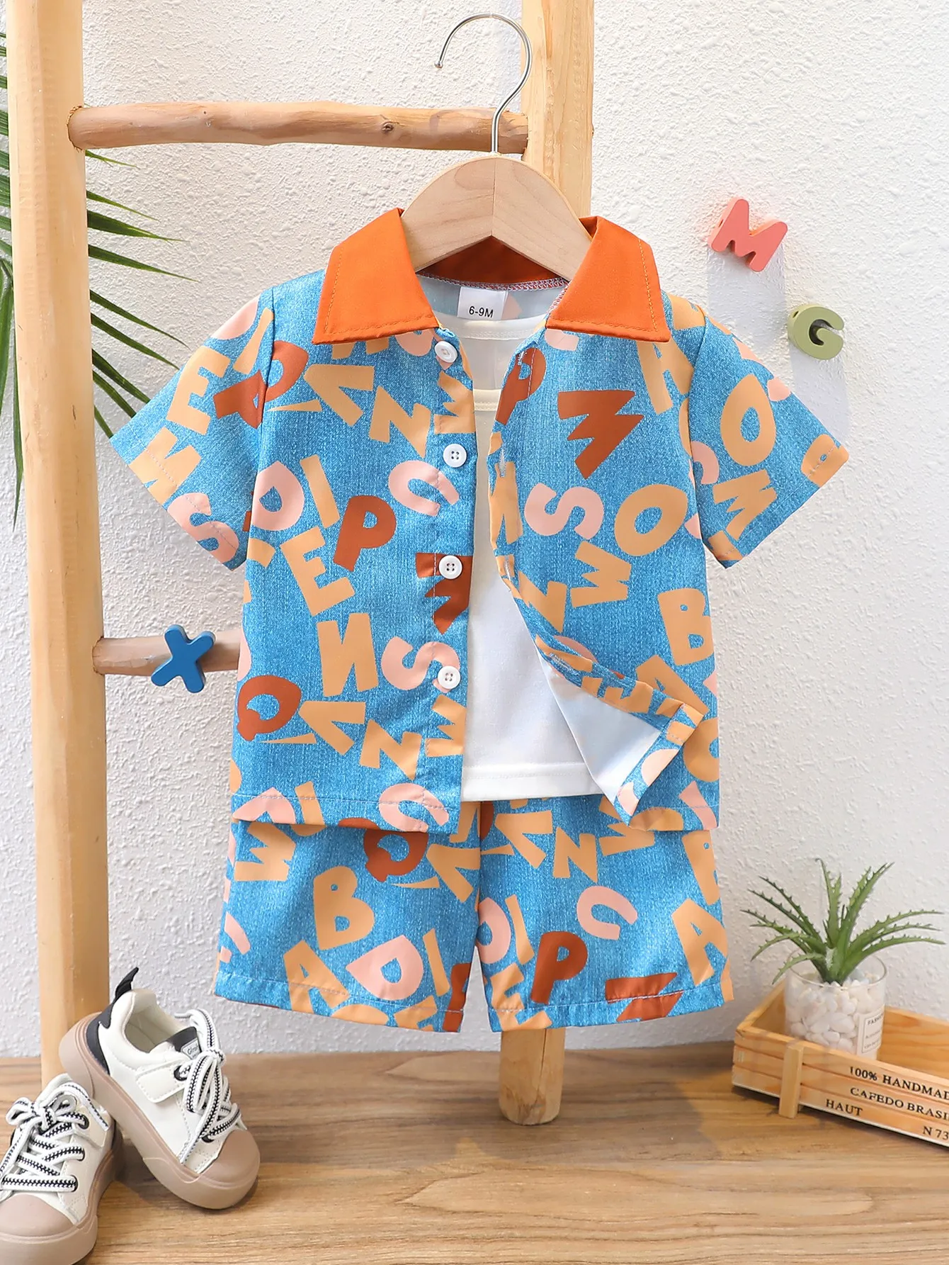 Baby boy summer casual fashion imitation denim print letter full print lapel breasted contrasting color shirt and pocket design
