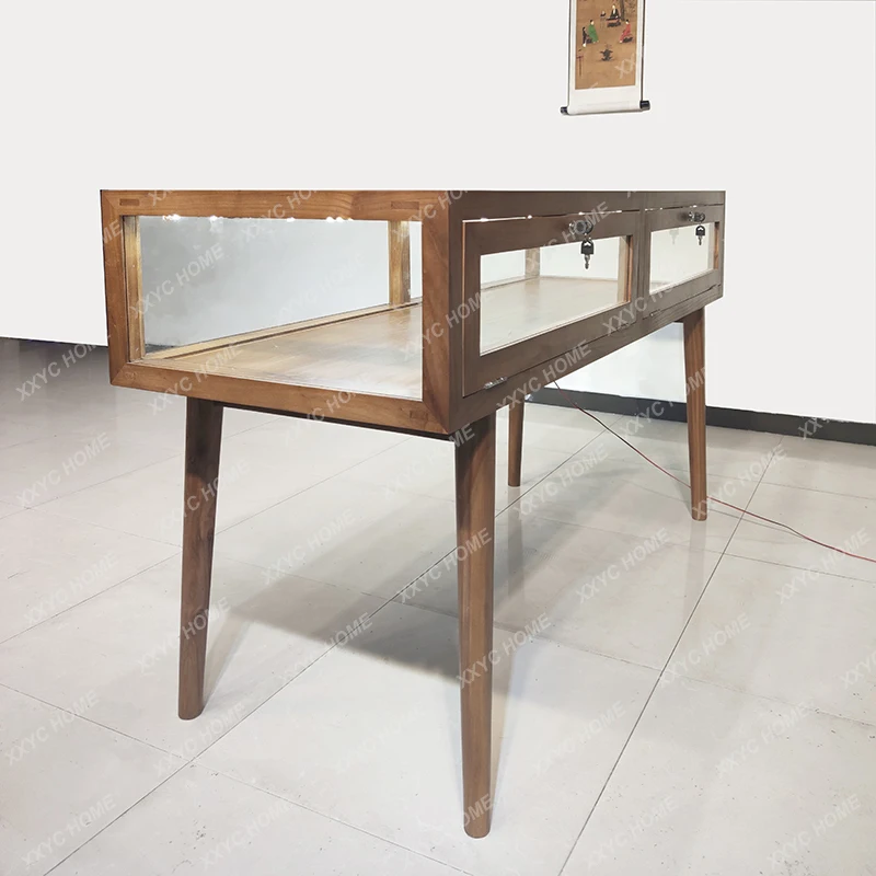 New Chinese style solid wood jewelry glass counter jewelry display cabinet with lighting custom boutique container