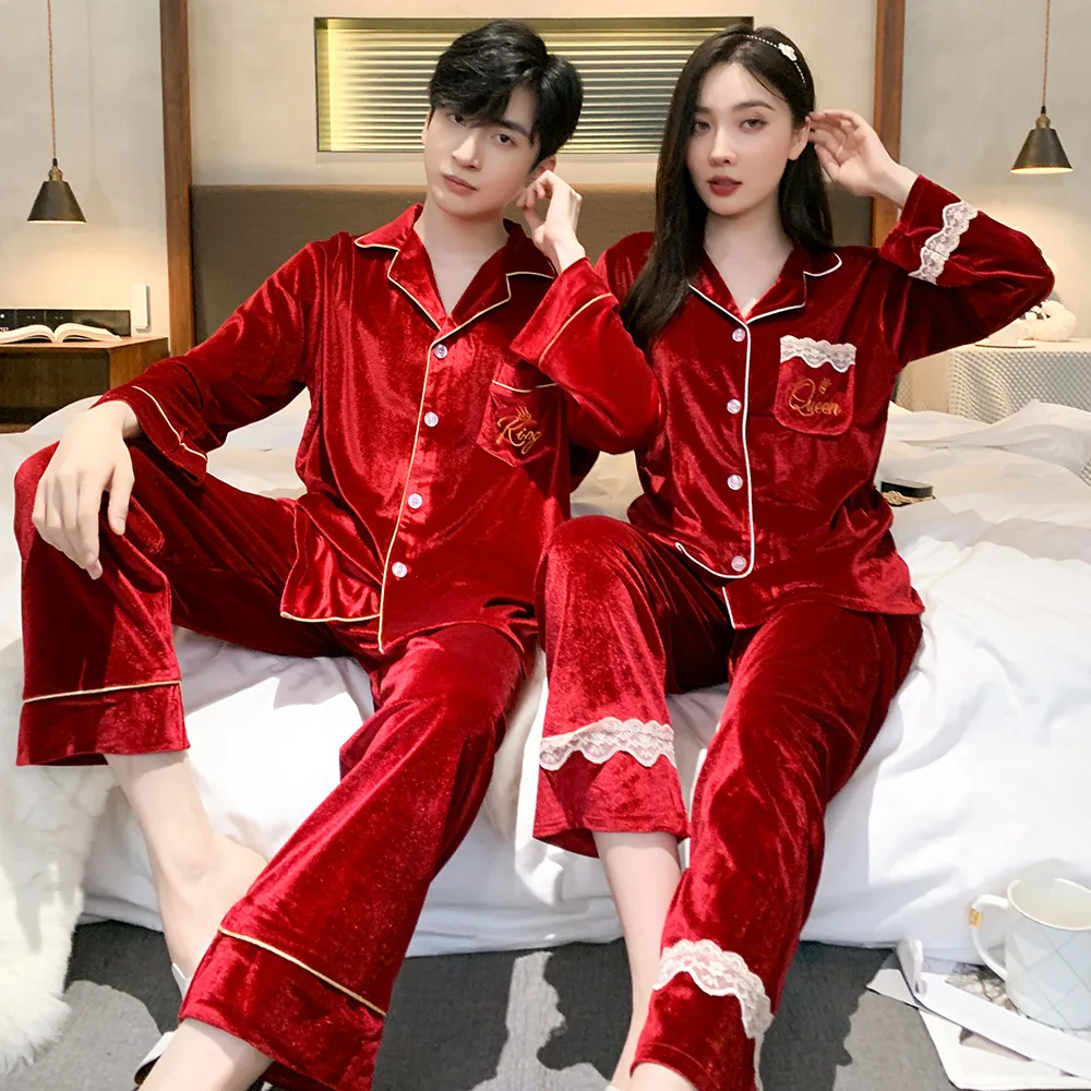 Burgundy Velour Lapel Long Sleeve Shirt Pants Homewear Sleepwear Autumn Couple Women Men Gold Velvet Pajamas Set