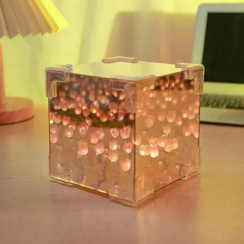 Creative Tulip Flower Sea Cube Handmade Craft Nightlight Desktop Decor DIY Small Night Light Material Package Craft Toy