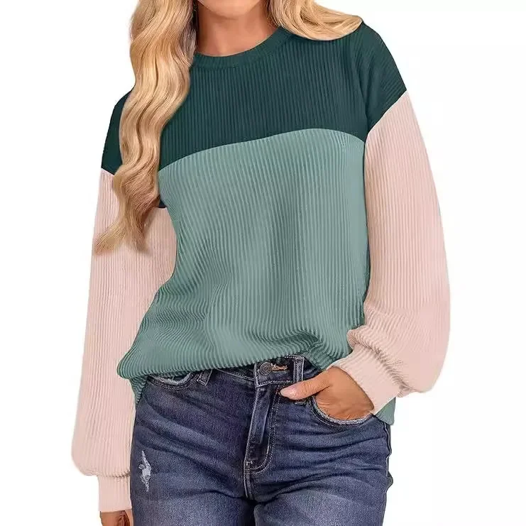 Women's Knit Color Block Round Neck T-Shirt Top European And American New Style Cross-Border Supply Amazon Hot Selling