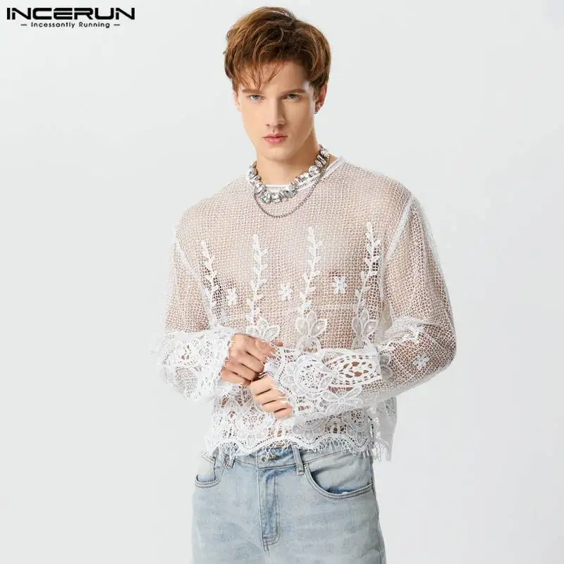 Men T Shirt Lace Patchwork O-neck Long Sleeve Tassel Sexy Fashion Camisetas Streetwear 2023 Transparent Crop Tops S-5XL INCERUN