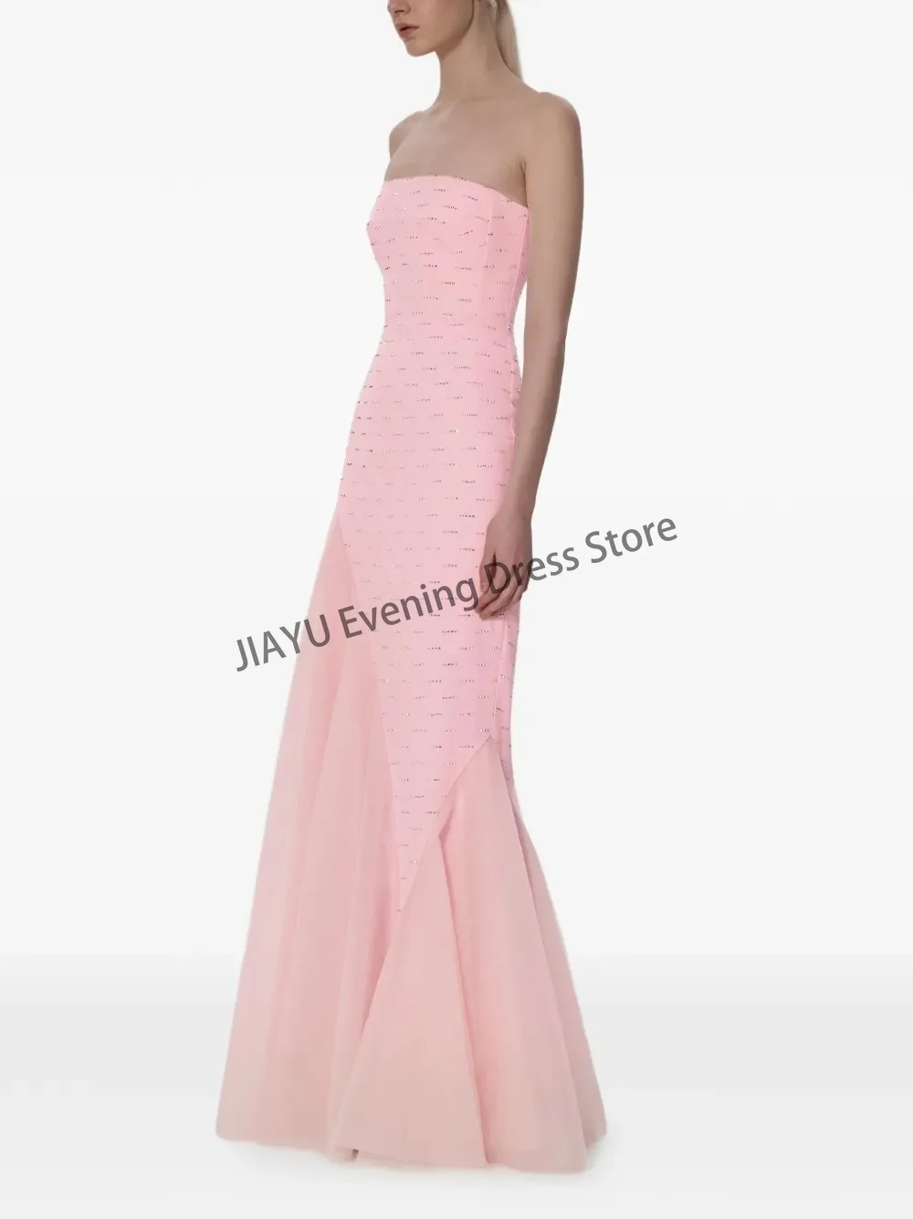 Customized Strapless Mermaid Prom Gown Shiny Rhinestone Embellished Patchwork Tulle Long Formal Evening Dress for Wedding Guest