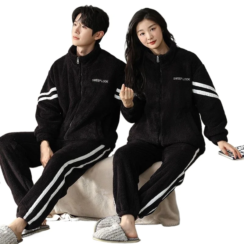 

Couple Pajamas Winter Flannel Stand-up Collar Zipper Set Thickened Fleece Coral Fleece Loungewear Can Be Worn Outside Underwear