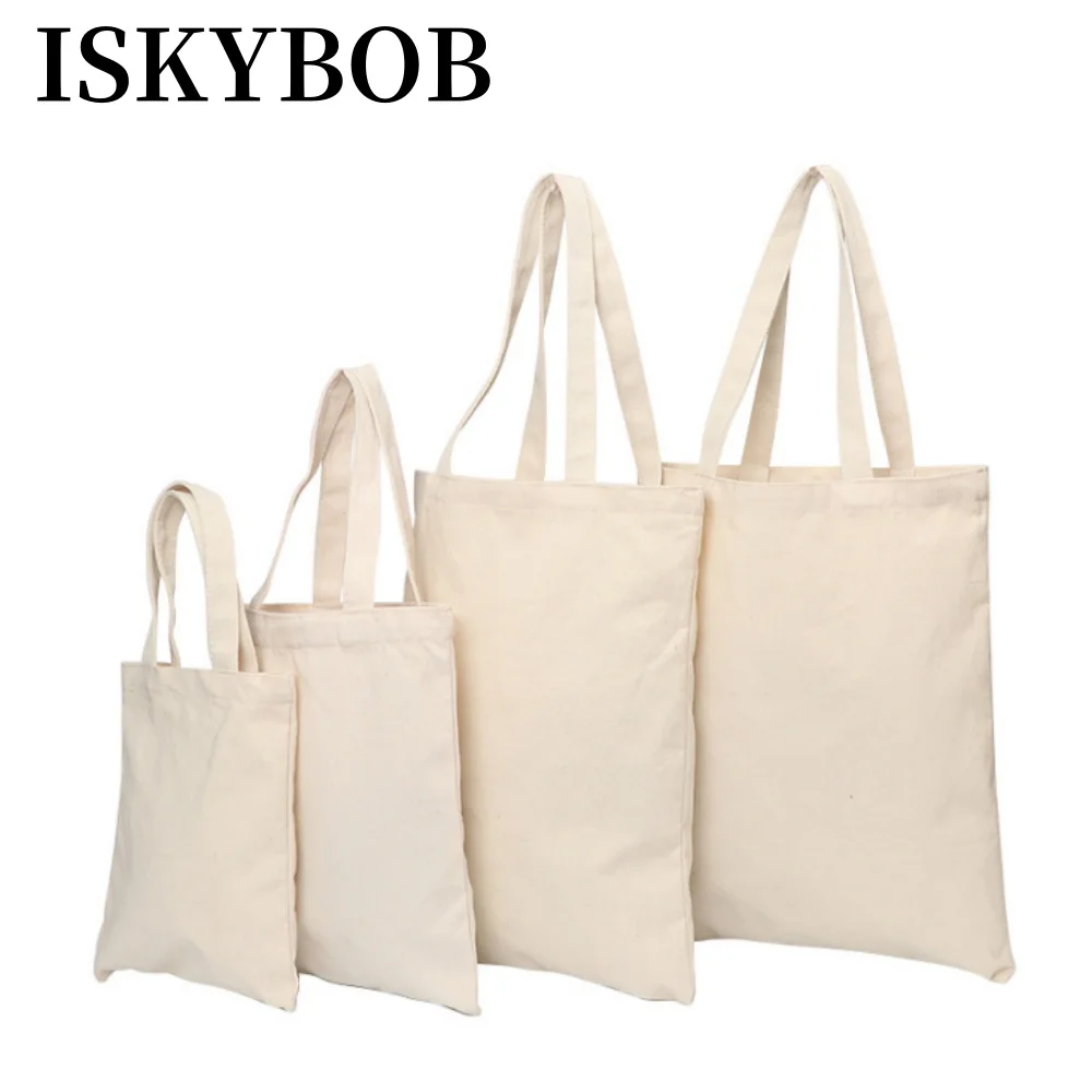 ISKYBOB Large Capacity Canvas Bag Shoulder Bag Handbag Beige Folding Eco Tote Bags Reusable DIY Grocery Storage Bag Shopping Bag