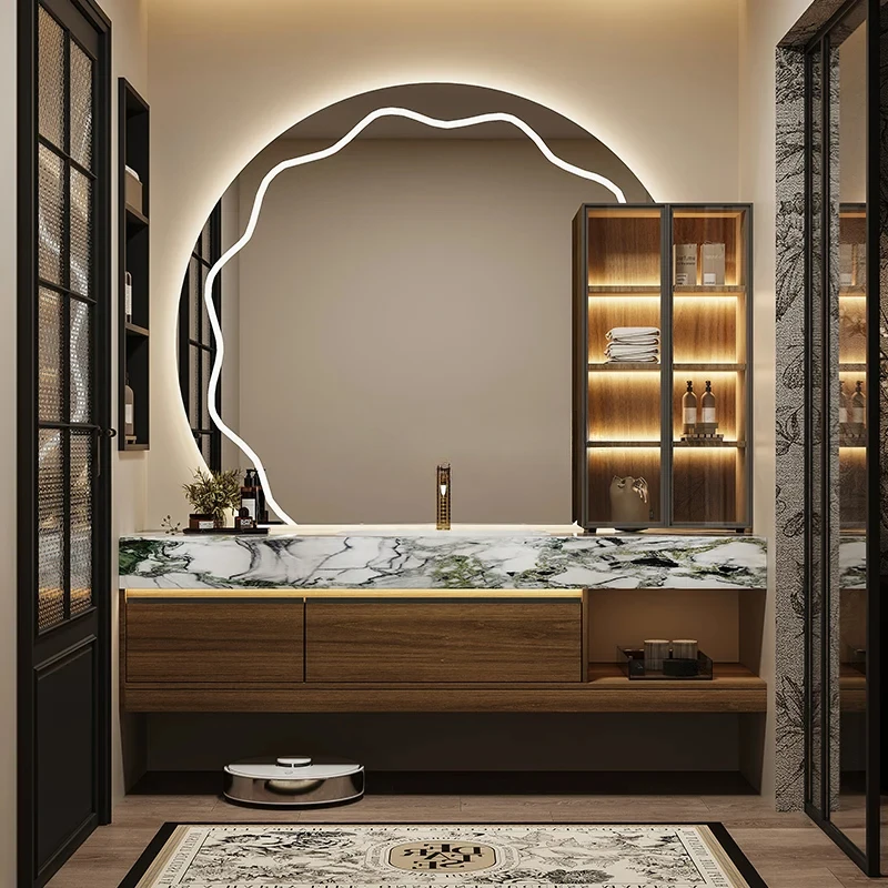 

Bathroom cabinet combination luxury stone seamless ceramic integrated basin rock slab toilet hand wash basin cabinet