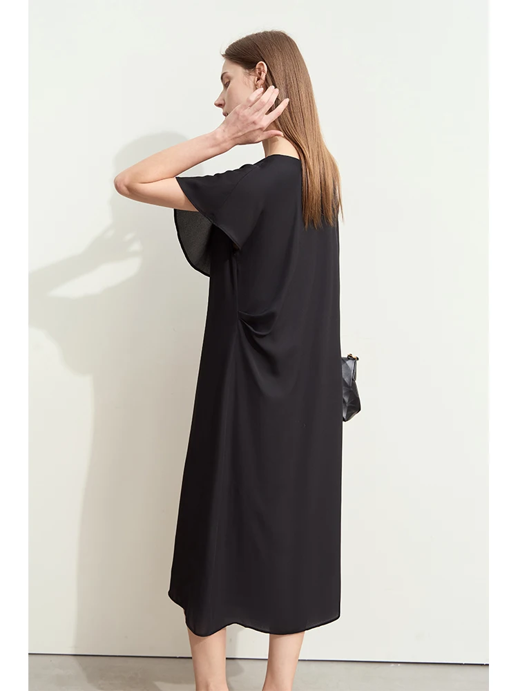 AMII Minimalist Summer New Elegant Commuter Dresses for Women Round Neck Flounced Edge Patchwork Chiffon Black Dress 12452128