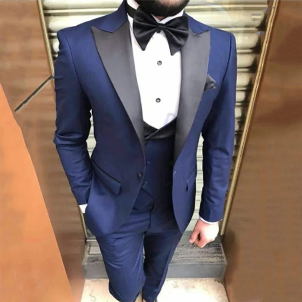 

Navy Blue Formal Men Suits Sim Fit Wedding 3 Piece Groom Tuxedo New Smoking Jacket Vest with Pants Peaked Lapel Costume Homme