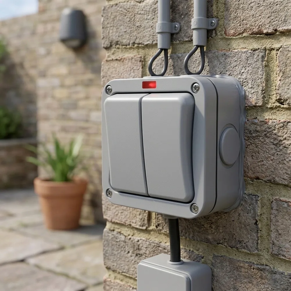 Waterproof Outdoor Light Switch IP66 with Visual Indicator Light for Garden Pool Fence Use 90x90mm Gray ABS 20A 250V