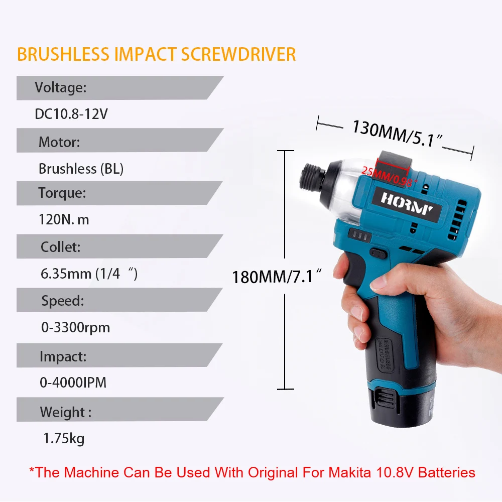 Brushless Electric Screwdriver Drill 120N.m Cordless Variable Speed Impact Drill Driver with Magnetic Suction For Makita Battery