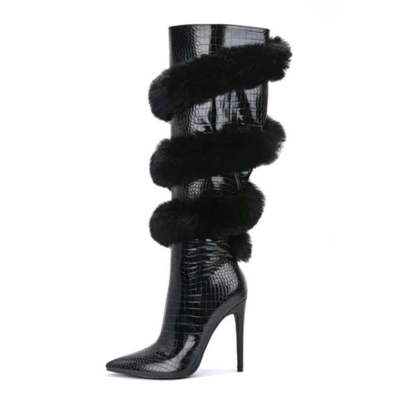 

Arden Furtado Embossed leather Pointed toe Super high heel Rabbit hair winding Knee high boots Side zipper Modern boots