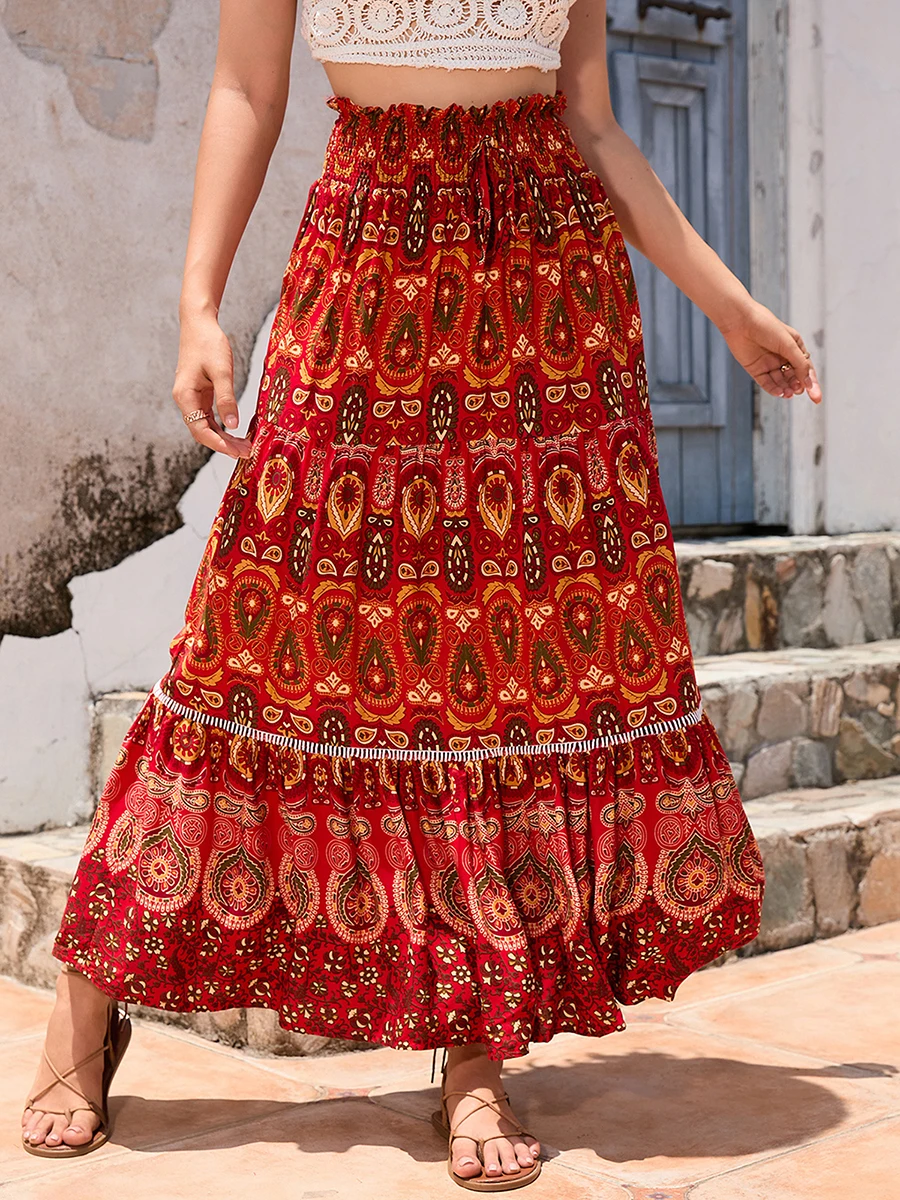 New Fashion Womens Long Swing Skirt Boho Style Fashion Print Elastic Waist A-Line Ruffle Skirt For Party Club Hot Sale S-XL