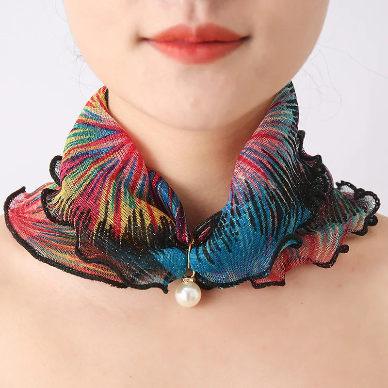 أزياء مطبوعة الشاش وشاح اللؤلؤ قلادة وشاح الربيع خفيفة الوزن الخمار المرأة الزخرفية وشاح حريري صغير عقال #5