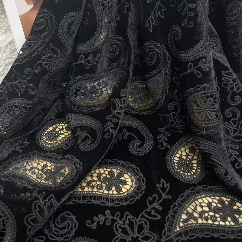 

Black Velour Floral Embroidered Lace Fabric Autumn Winter Dress Clothes DIY Handmade Sewing Fabric By The Yard