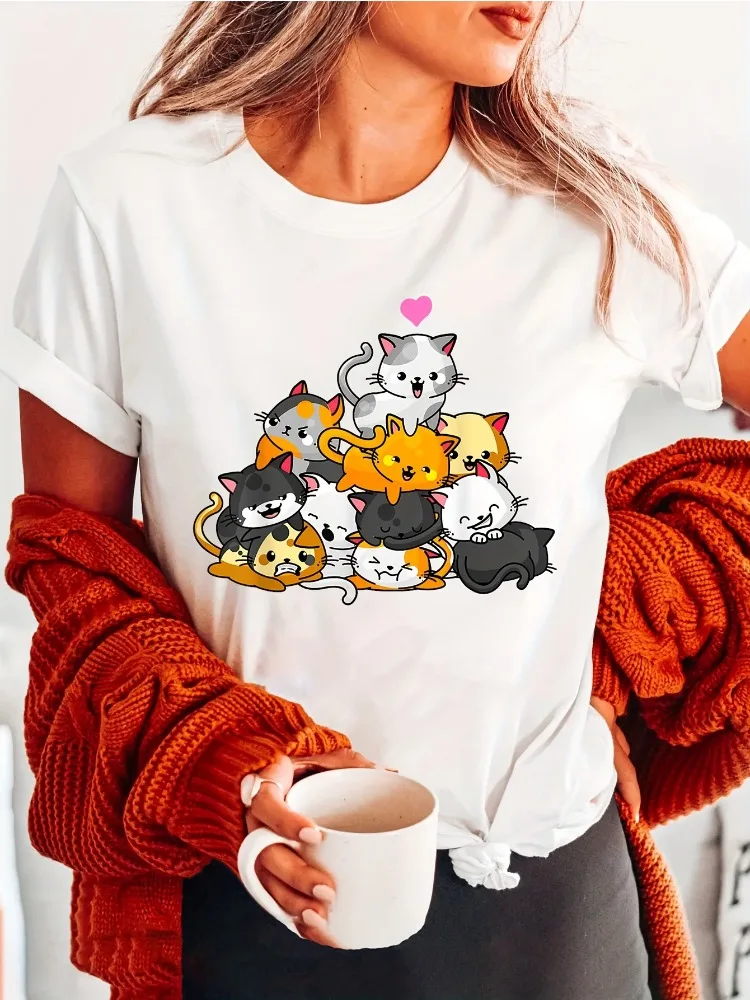 

Comfortable Year-Round Style Women Crew Neck T-Shirt with Cat Print Spring/Summer/Fall Casual Short-Sleeve Shirt Women's Apparel