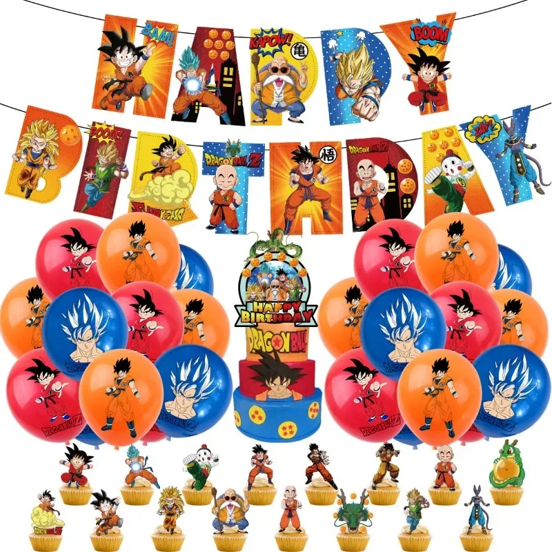 Suministros de fiesta de cumpleaños de Dragon Ball para niños, pancartas de Anime, globos, platos de papel, adornos de pastel, decoraciones de