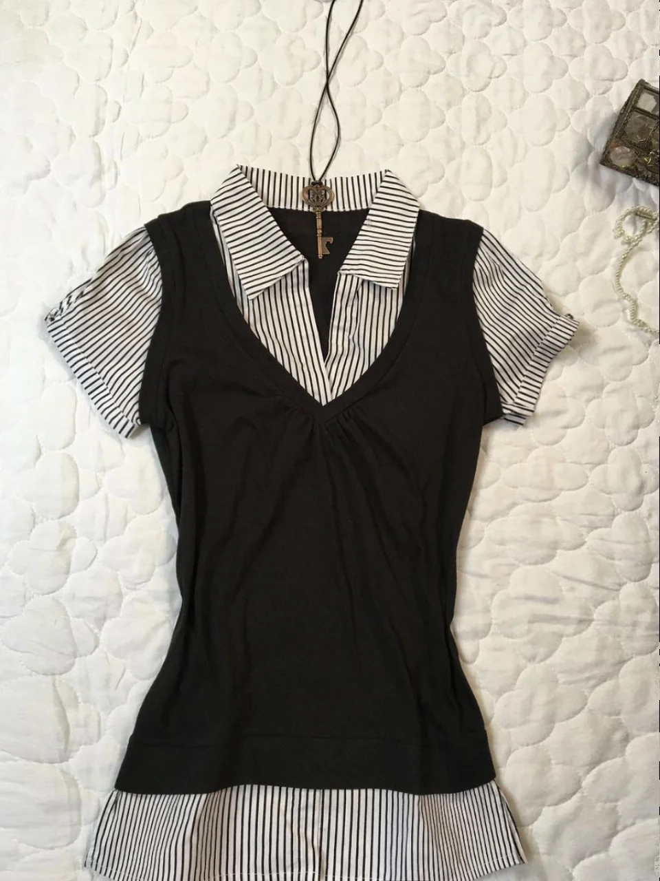 

Оригинальная футболка из двух предметов Boya Girl Bla Fake, женская летняя футболка с американским ретро-дизайном, топ с маленьким воротником