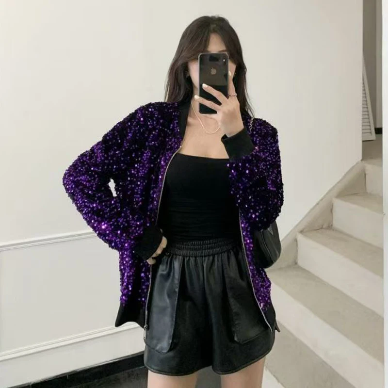 Damen Schwarze Pailletten-Bomberjacke Funkelnde Strass-Kurzjacke Glitzer-Blazer für Party Ausgehen Schicke Clubwear-Jacke Oberteile – Detail 5