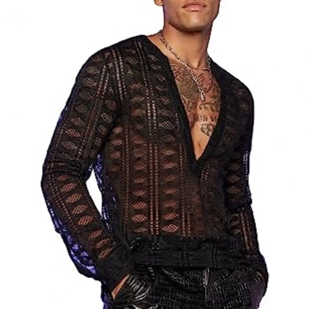 Deep V-neck Men Shirt Fashionable Men's Nightclub Shirt Stylish Fishnet Hollow Out Slim Fit Long Sleeve Top for Party