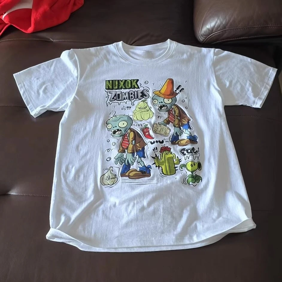 Y2K نباتات شارع العليا مقابل الكسالى نمط الرسوم المتحركة المطبوعة زوجين الجولة الرقبة قصيرة الأكمام الرجعية القوطية الشرير فضفاض تي شيرت